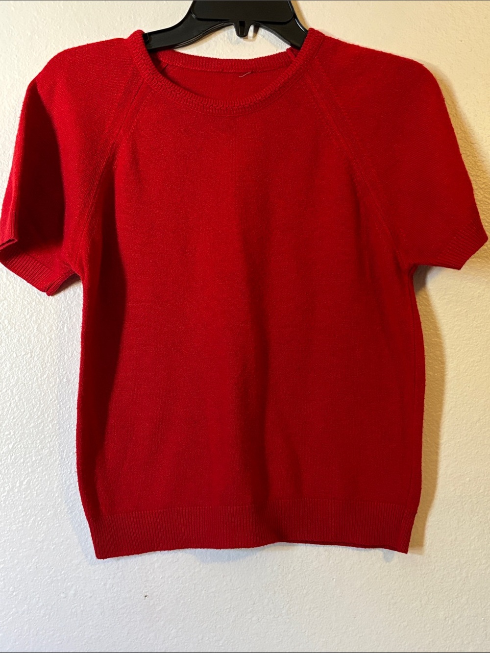 Vintage Style Red Short Sleeve Knit Sweater Top Crewneck Raglan Pullover